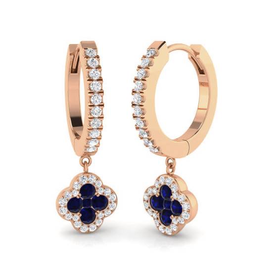 Round Blue Sapphire Gemstone and Diamond Hoop Earrings