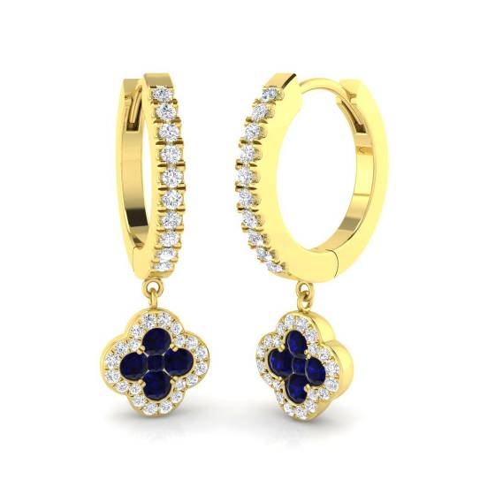 Round Blue Sapphire Gemstone and Diamond Hoop Earrings