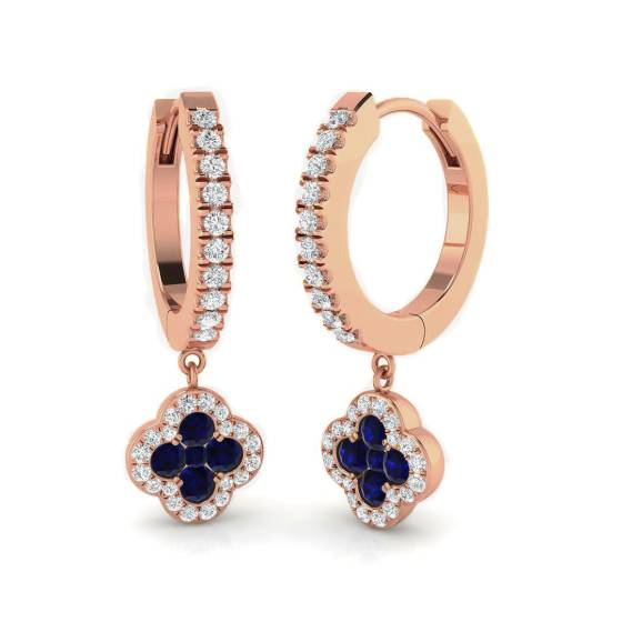 Round Blue Sapphire Gemstone and Diamond Hoop Earrings