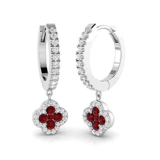 Round Ruby Gemstone and Diamond Hoop Earrings