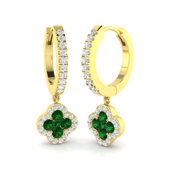 Round Green Emerald Gemstone and Round Diamond Halo Earrings
