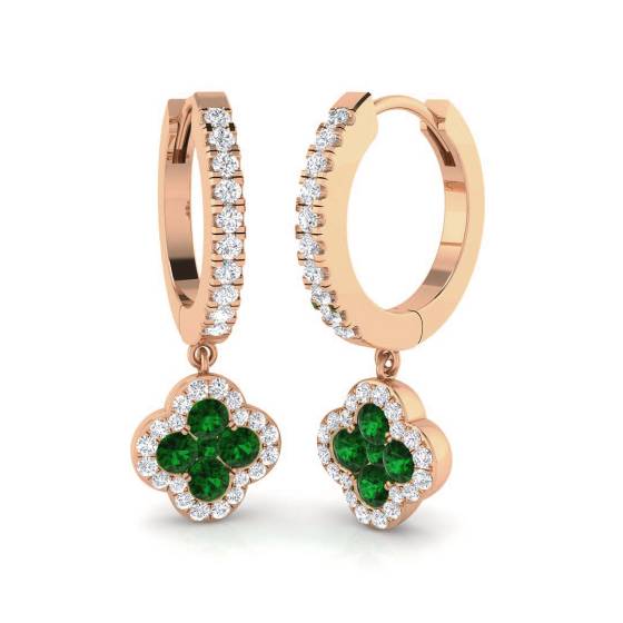Round Green Emerald Gemstone and Round Diamond Halo Earrings
