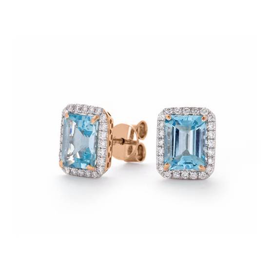 Emerald Shaped Aquamarine and Diamond Cluster Earrings