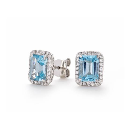 Emerald Shaped Aquamarine and Diamond Cluster Earrings