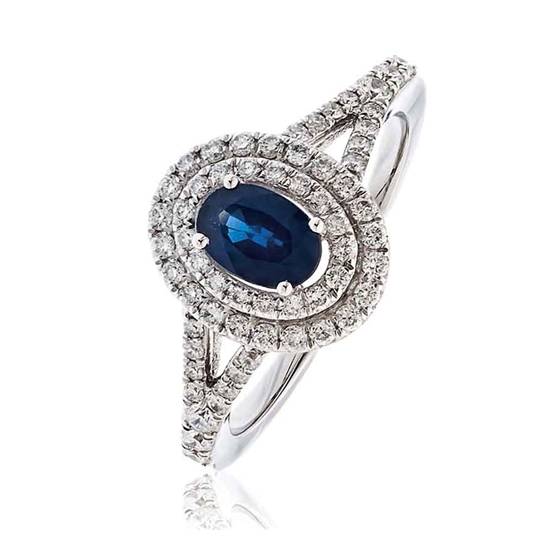 Blue Sapphire and Diamond Halo Ring