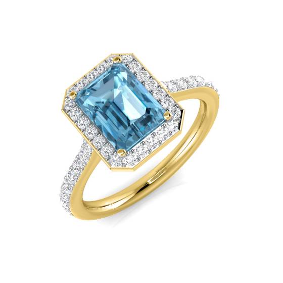 Blue Topaz Emerald and Round Diamond Halo Shoulder Set Ring