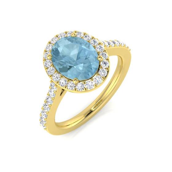 Oval Aquamarine and Round Diamond Halo Shoulder Set Ring