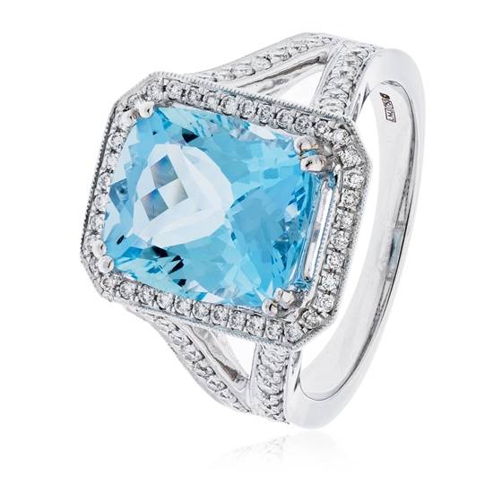 4.80ct Cushion Shaped Aquamarine and Diamond Halo Ring