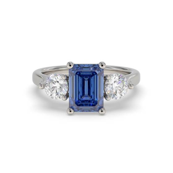 0.80ct Emerald Blue Sapphire and Diamond Trilogy Ring