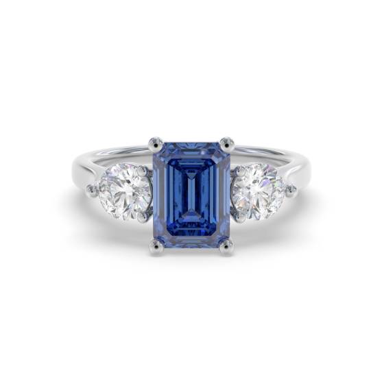 0.80ct Emerald Blue Sapphire and Diamond Trilogy Ring