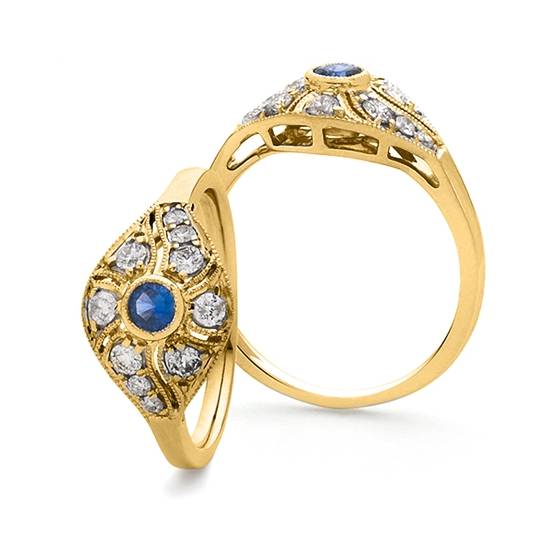 0.39ct VS/E-F Blue Sapphire and Natural Diamond Ring in 18k Yellow Gold
