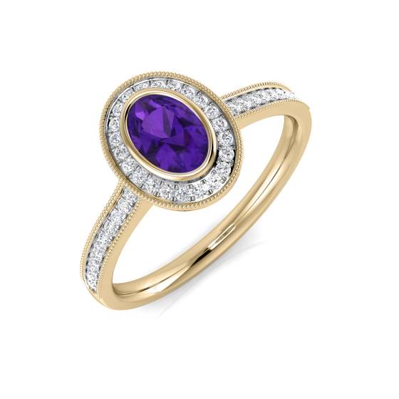 Oval Amethyst Gemstone and Round Diamond Bezel Set Halo Set Ring
