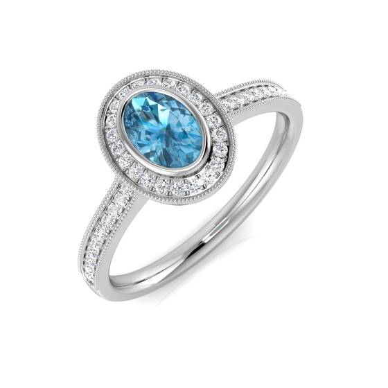 Blue Topaz Oval and Round Diamond Bezel Set Halo Shoulder Set Ring