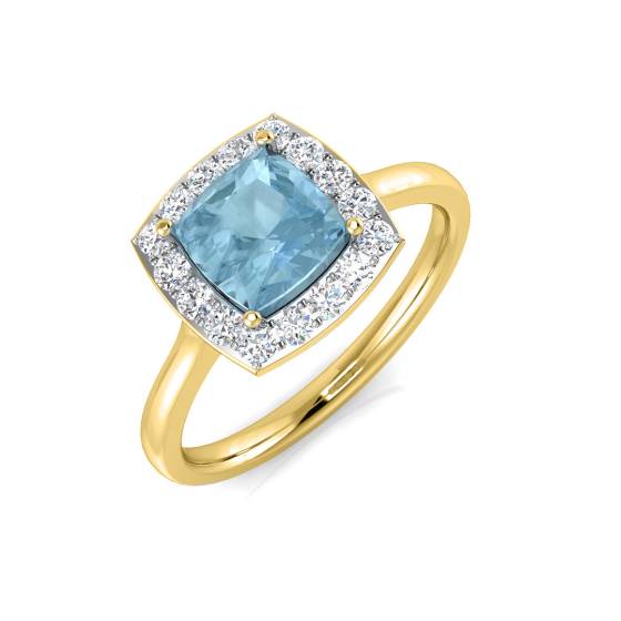Cushion Aquamarine and Round Diamond Halo Ring