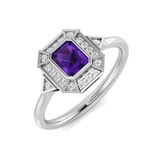Emerald Cut Amethyst and Round Diamond Bezel Set Halo Ring