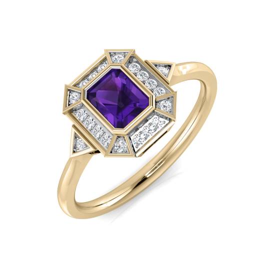 Emerald Cut Amethyst and Round Diamond Bezel Set Halo Ring