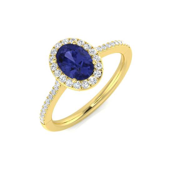 1.00ct VS/E-F Oval Blue Tanzanite and Round Diamond set Halo shoulder set ring