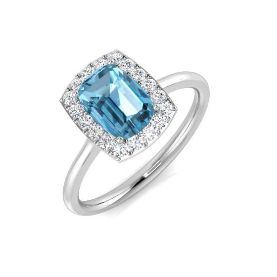Blue Topaz Cushion and Round Diamond Halo Ring