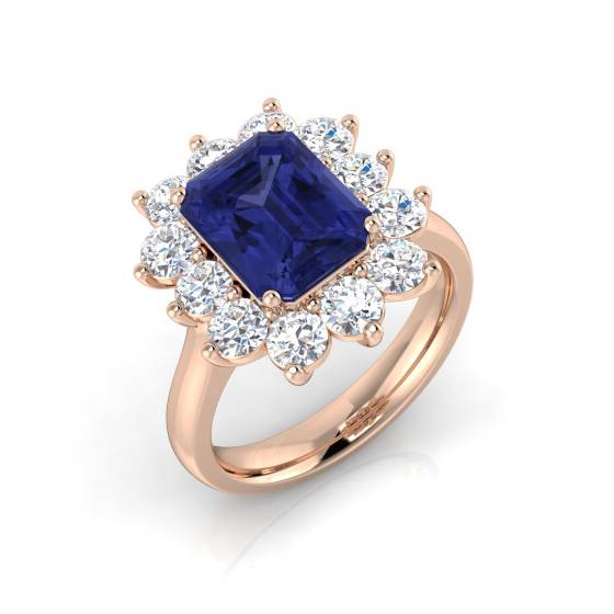 4.30ct VS/E-F Emerald Tanzanite and Round Diamond Halo Ring