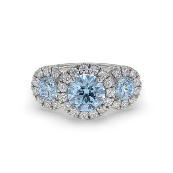 Round Aquamarine and Round Diamond Halo Trilogy Ring