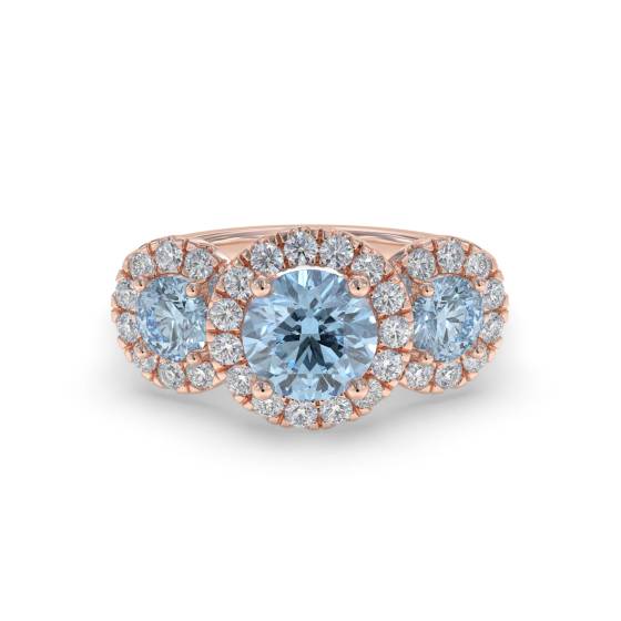 Round Aquamarine and Round Diamond Halo Trilogy Ring