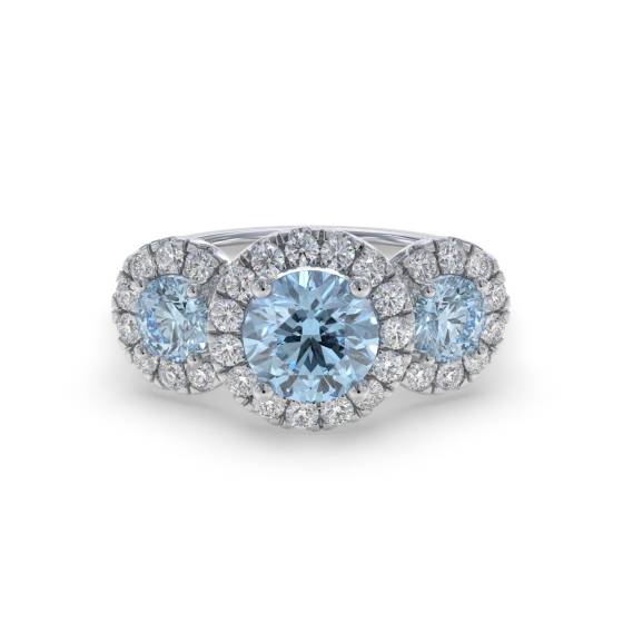 Round Aquamarine and Round Diamond Halo Trilogy Ring
