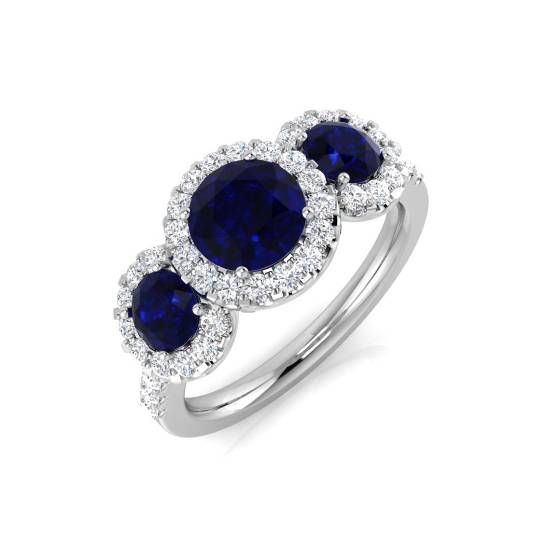 Round Blue Sapphire and Round Diamond Trilogy Ring