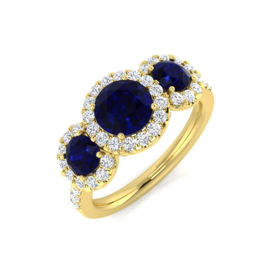 Round Blue Sapphire and Round Diamond Trilogy Ring
