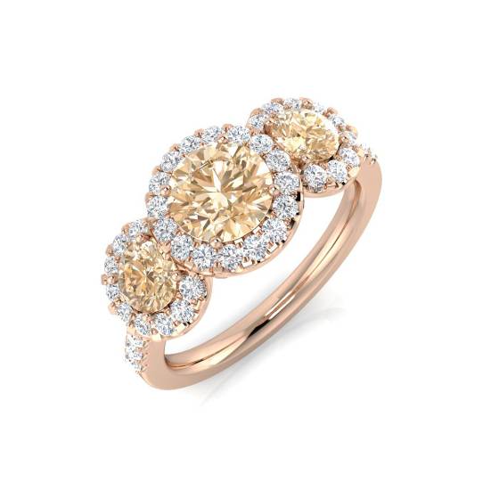 Round Morganite and Diamond Halo Trilogy Ring