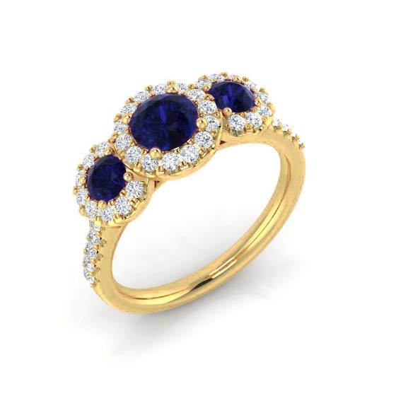 Round Blue Sapphire and Round Diamond Trilogy Ring