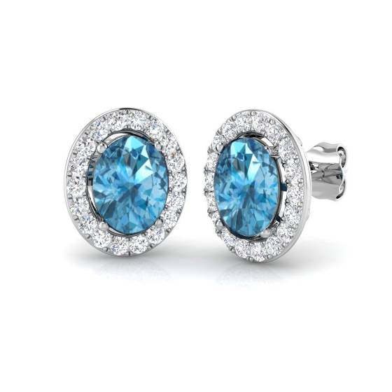 Blue Topaz Oval and Round Diamond Halo Earrings