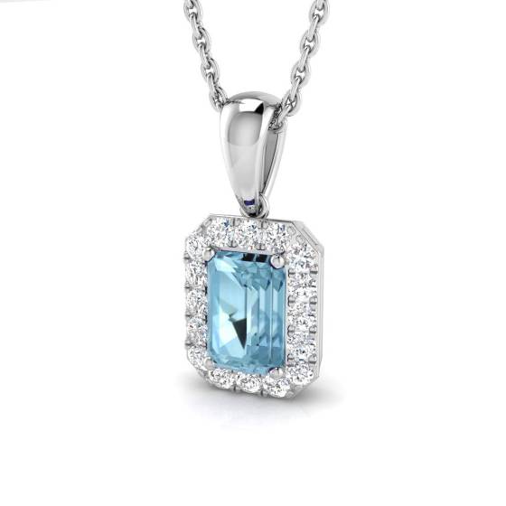 Emerald Aquamarine and Round Diamond Halo Pendant