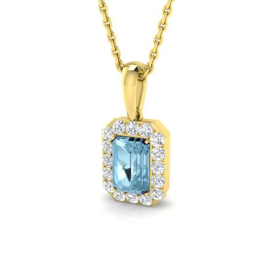 Emerald Aquamarine and Round Diamond Halo Pendant