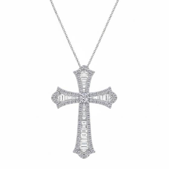 1.00ct Classic Round and Baguette Diamond Cross Pendant
