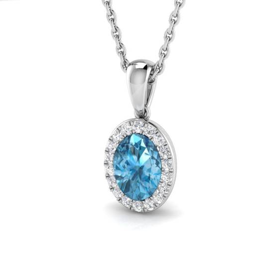 Blue Topaz Oval and Round Diamond Halo Pendant