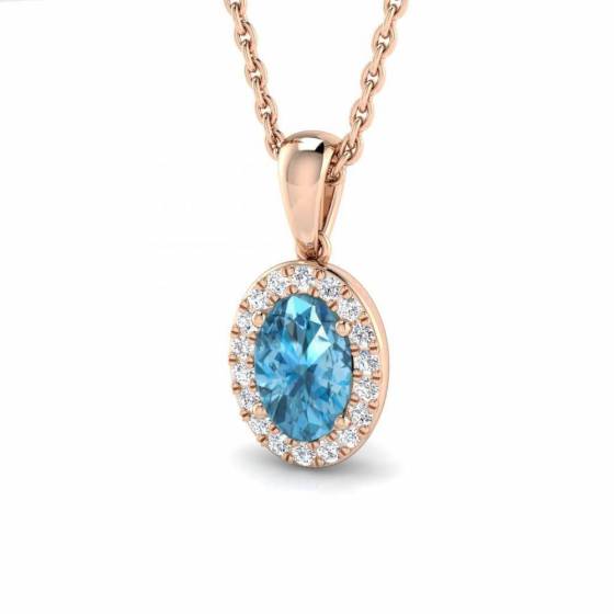 Blue Topaz Oval and Round Diamond Halo Pendant