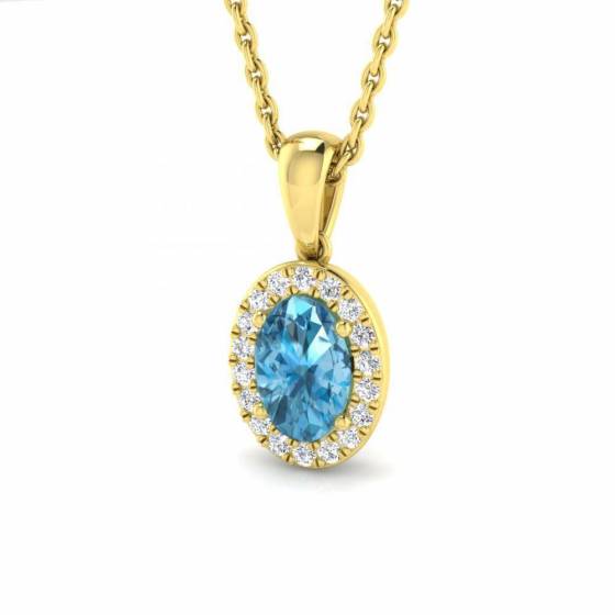 Blue Topaz Oval and Round Diamond Halo Pendant