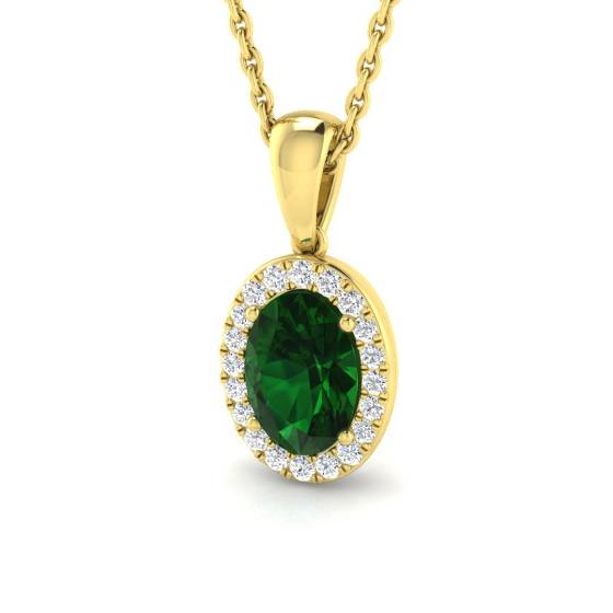 0.80ct VS/E-F Oval Emerald Gemstone and Round Diamond Halo Pendant