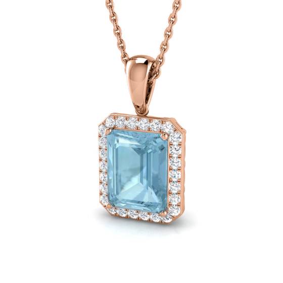 Emerald Aquamarine and Round Diamond Halo Pendant