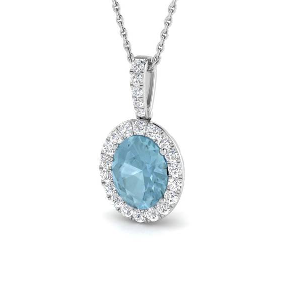Oval Aquamarine and Round Diamond Halo Pendant