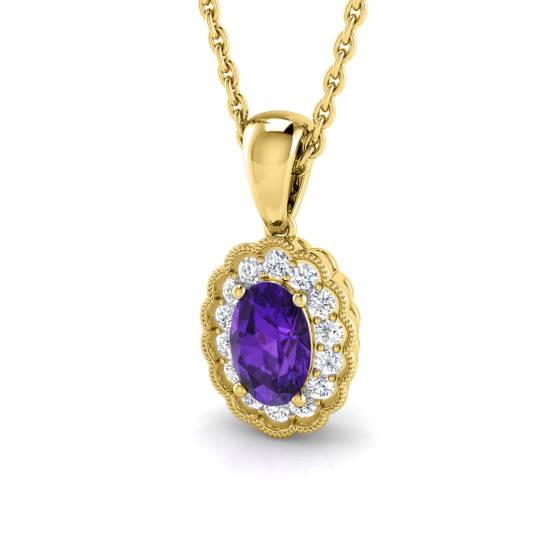 Oval Amethyst and Round Diamond Halo Pendant