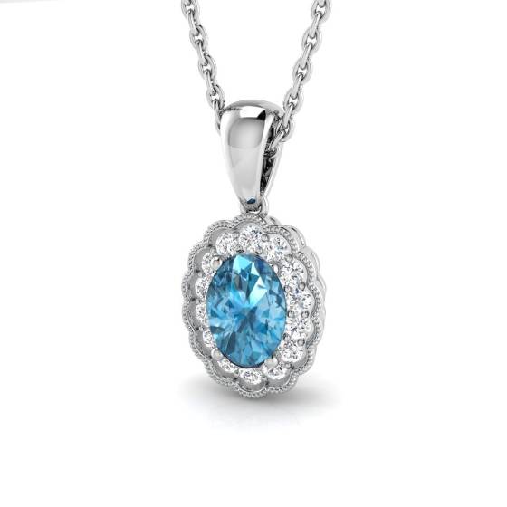 Blue Topaz Oval and Round Diamond Halo Pendant