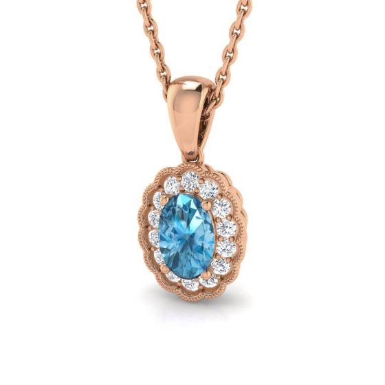 Blue Topaz Oval and Round Diamond Halo Pendant