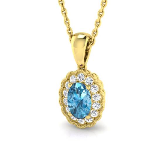 Blue Topaz Oval and Round Diamond Halo Pendant