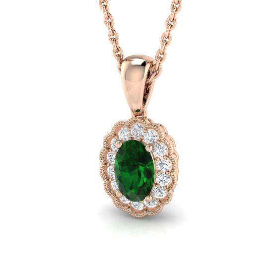 0.55ct VS/E-F Oval Emerald Gemstone and Round Diamond Halo Pendant