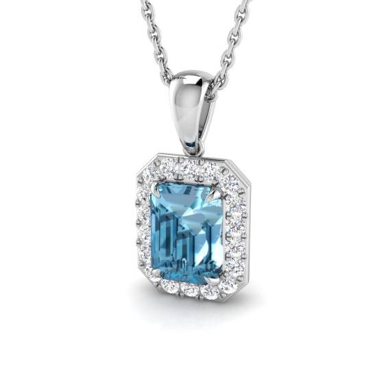 Blue Topaz Emerald and Round Diamond Halo Pendant