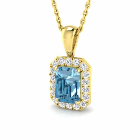 Blue Topaz Emerald and Round Diamond Halo Pendant