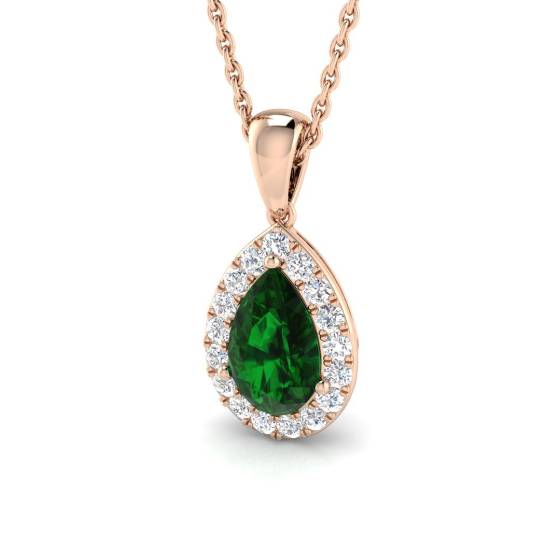 1.25ct VS/E-F Pear Emerald Gemstone and Round Diamond Halo Pendant