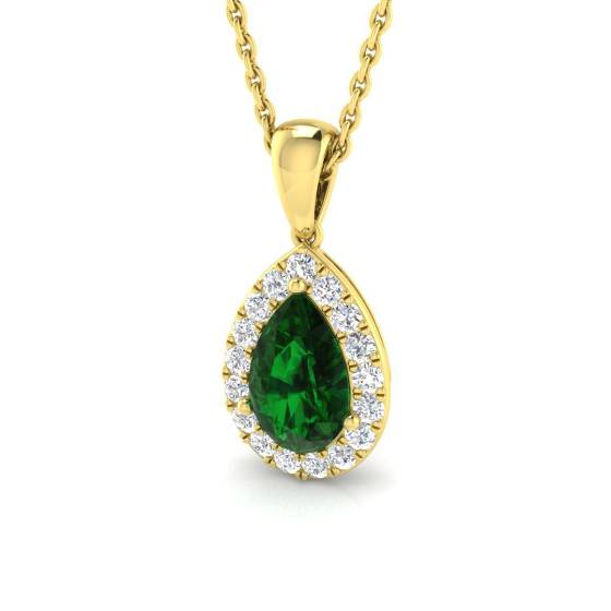 1.25ct VS/E-F Pear Emerald Gemstone and Round Diamond Halo Pendant