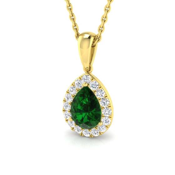 0.90ct VS/E-F Pear Emerald Gemstone and Round Diamond Halo Pendant